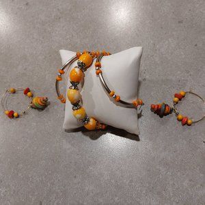 FASHION JEWELRY Wrap-Around Silver Tone/Orange Bracelet w/Matching Earrings
